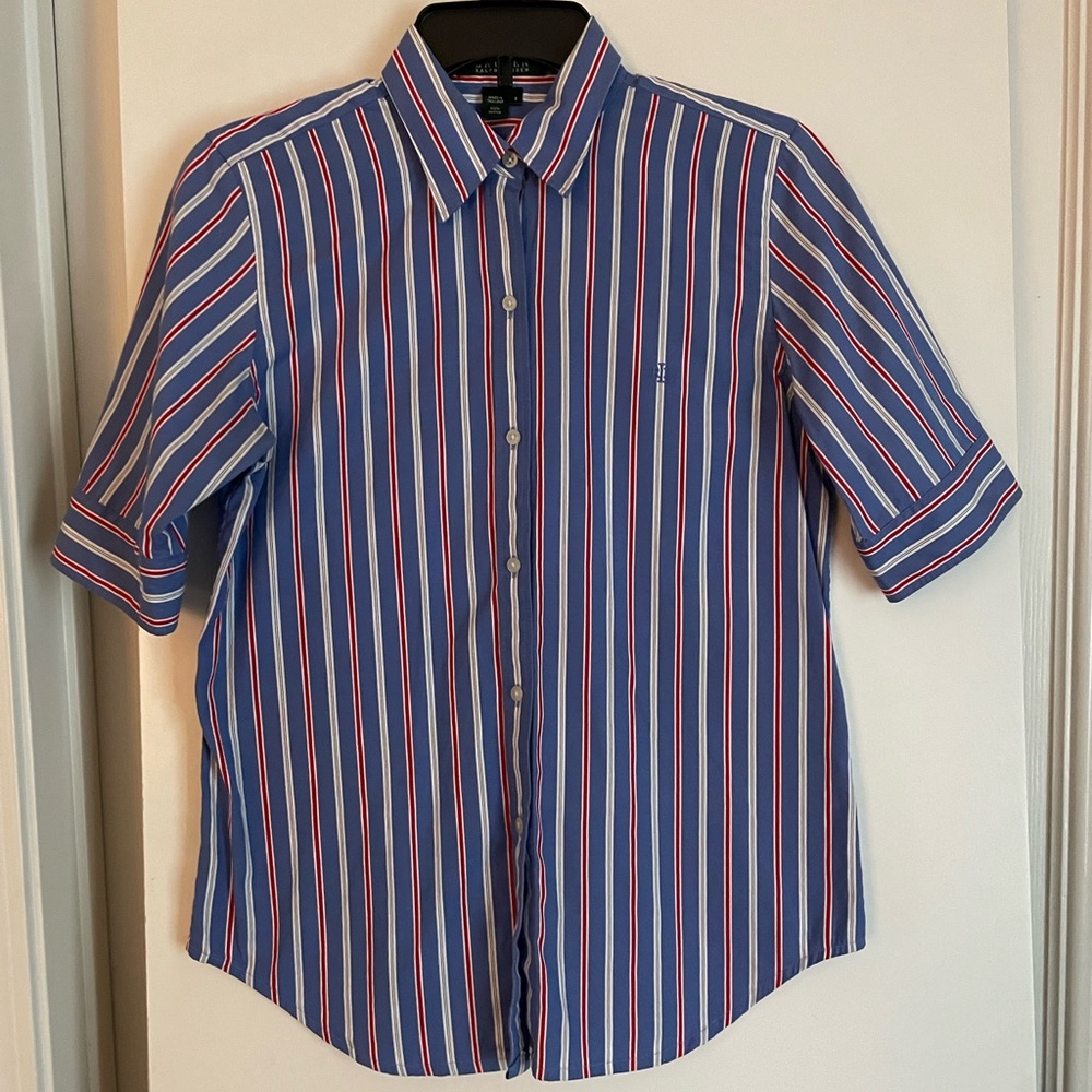 Ralph Lauren Pure Cotton Short Sleeve Button Down Shirt Striped Top Blue